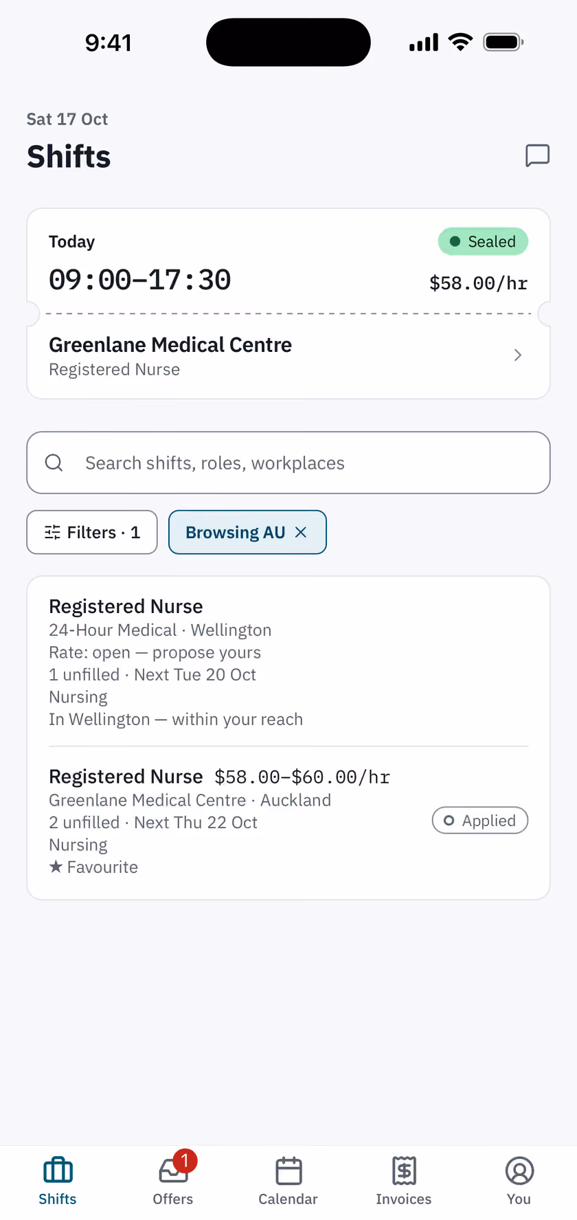 The Locum Shifts tab: today's sealed shift at the top, then shifts open to apply for